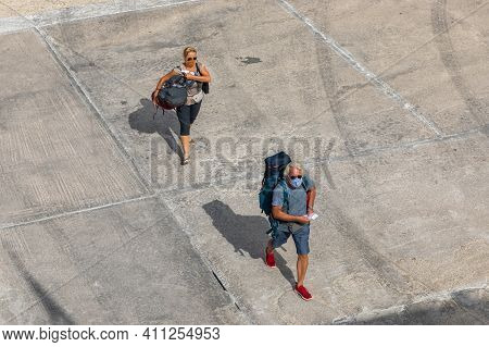 Sikinos , Greece- 26 September 2020: View Of The Harbor Of Sikinos Island. People Waiting For The Fe