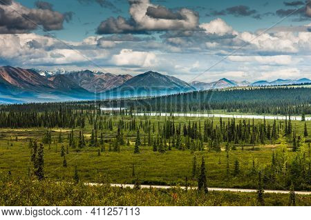 View Of Alaskan Mountain Range In Denali National Park, Alaska