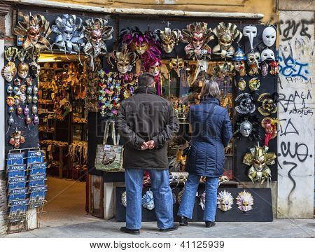 Tourists In Front Of A Masks Shop In Venice