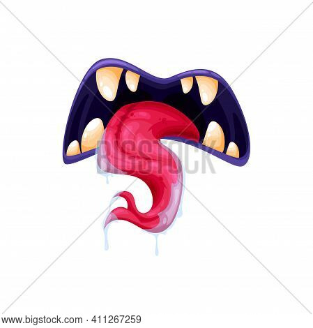 Monster Mouth Vector Icon, Creepy Jaws With Forked Long Tongue And Yellow Teeth, Halloween Creature,