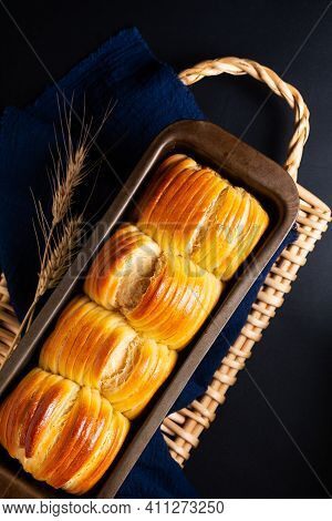 Food Concept Spot Focus Homemade Organic Wool Soft Milk Bread On Black Background With Copy Space