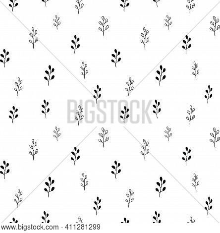 Plant Seamless Pattern, Black And White Hand-drawn Tree Doodle Digital Paper, Abstract Plants Repeat