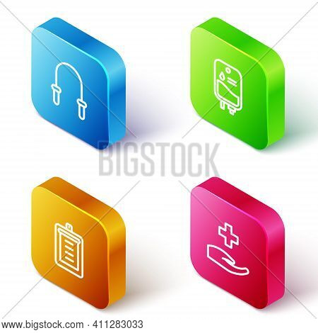 Set Isometric Line Jump Rope, Iv Bag, Clipboard With Checklist And Cross Hospital Medical Icon. Vect