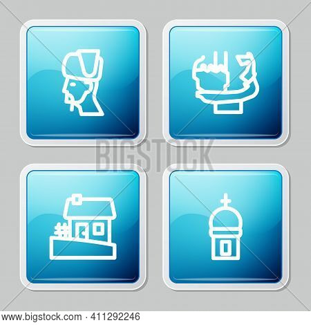 Set Line Ukrainian Cossack, Monument To Founders Of Kiev, House And Church Tower Icon. Vector