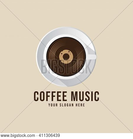 Coffee Music Records Logo Design Template With A Cup And A Vinyl Record. Vector Illustration.