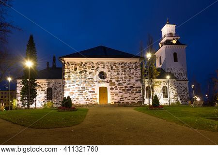 The Old Cathedral Of The City Of Kuopio In The October Late Evening. Finland
