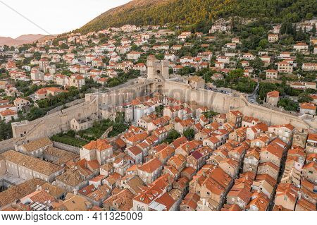 Aerial Drone Shot Of Minceta Fort Of Dubrovnik Old Town In Croatia Summer Sunset