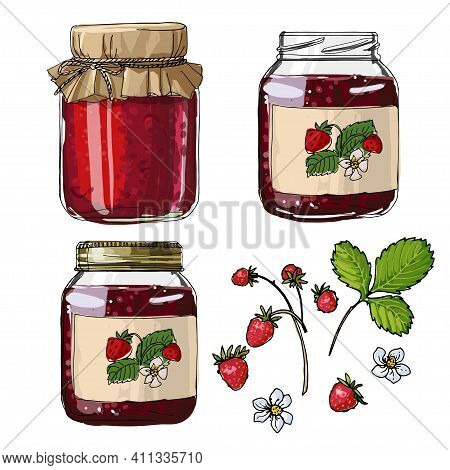 Set Jars For Jam, Empty Cans, Cover, Packaging, A Black Line On A White Background. Vector Skech Foo