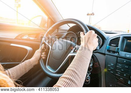 Ride Car. Young Happy Woman Have Travel Trip On Road. Fun Driver In Winter Vacation Ride Concept. Dr