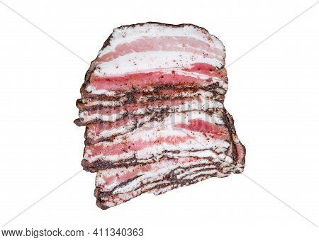 Bacon Sliced With Black Pepper And Spices Isolated On White Background With Clipping Path. Top View.