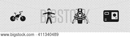 Set Bicycle, Bungee Jumping, Snowmobile And Action Extreme Camera Icon. Vector