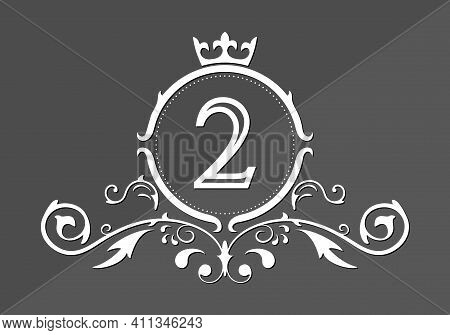 Stylized Number 2. Ornament And Crown Monogram Template For Business Cards, Logos, Emblems And Heral