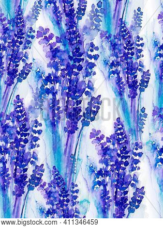 Seampless Pattern Herbs And Flowers Painted With Violet Watercolor. Lavender Watercolor Pattern
