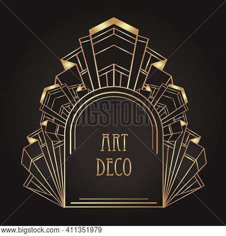 Art Deco Vintage Gold Patterns Over Black, Frames And Design Elements. Retro Party Geometric Backgro
