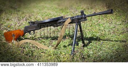 Soviet Light Machine Gun On Green Grass. Close Up