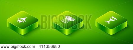 Set Isometric Ancient Column, Medieval Goblet And Amphorae Icon. Vector