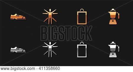 Set Men Shoes, Vitruvian Man, Picture And Coffee Moca Pot Icon. Vector