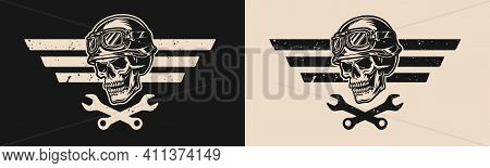 Motorcycle Repair Service Logo With Crossed Spanners And Skull In Biker Helmet And Goggles In Vintag