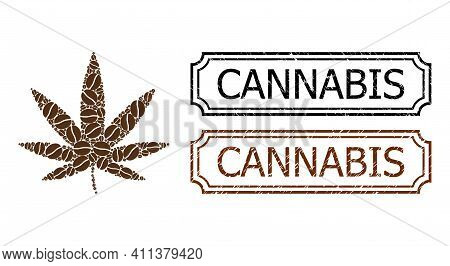 Collage Cannabis Composed Of Coffee Seeds, And Grunge Cannabis Rectangle Seals With Notches. Vector 