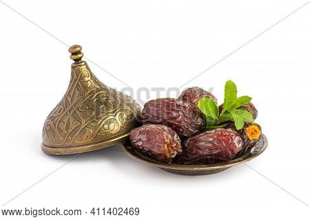 Hurma, Dates. Dried Dates Fruit With Bronze Bowls On White Background. Popular Fruit Of Ramadan.