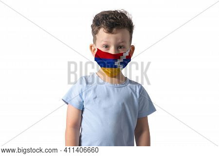 Respirator With Flag Of Nagorno-karabakh Republic. White Boy Puts On Medical Face Mask Isolated On W