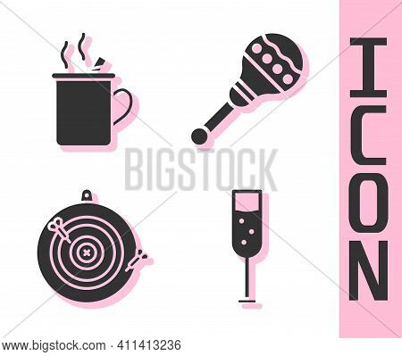 Set Glass Of Champagne, Mulled Wine, Classic Dart Board And Arrow And Maracas Icon. Vector