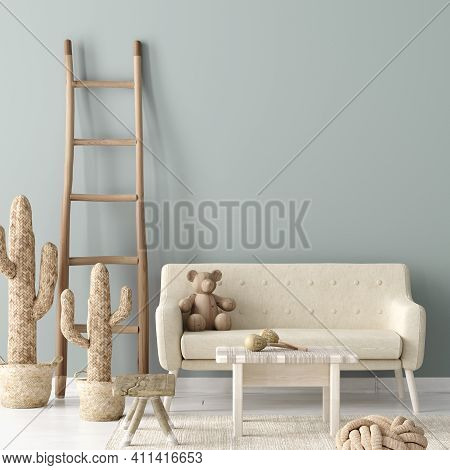 Cozy Nursery Interior Background, Scandinavian Style, 3d Illustration