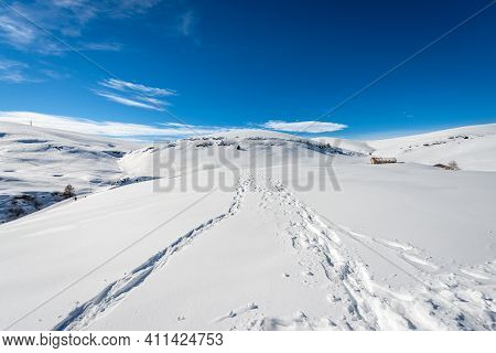 Altopiano Della Lessinia (lessinia Plateau) In Winter With Snow And Monte Tomba (tomb Mountain), Reg