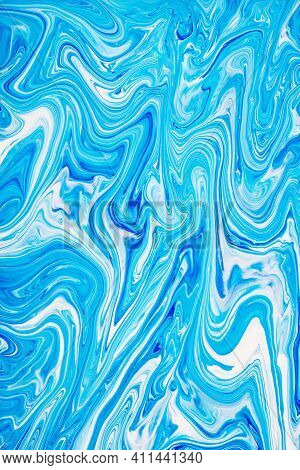 Free Flowing Blue And White Acrylic Paint 4. Random Waves And Curls. Abstract Marble Background Or T