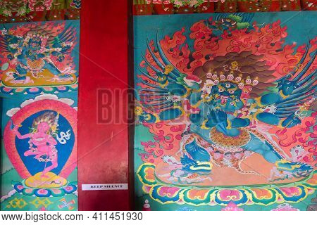 Rinchenpong, Sikkim, India - 17th October 2016 : Buddist Religious Mural On The Inside Wall Of Rinch