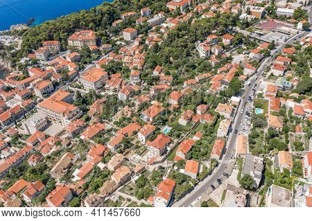 Aerial Drone Shot Of High Way From Old Town Dubrovnik To Lapad Peninsula In Croatia Summer Noon