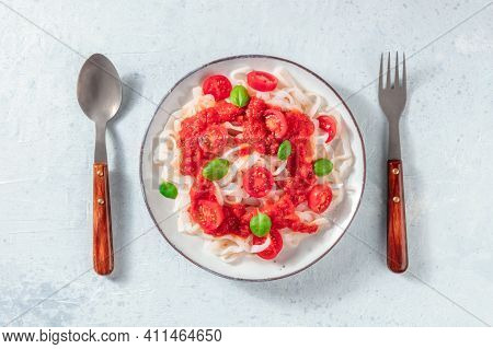 Konjac Pasta With Tomatoes, Shot From Above