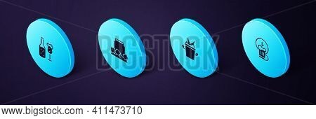 Set Isometric Happy Hour, Beer Bottles In Ice Bucket, Cold Beer Can And And Glass Icon. Vector