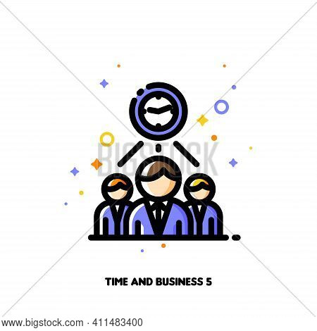 Icon Of Clock And Three Business Persons For Teams Work Time Efficiency Concept. Flat Filled Outline