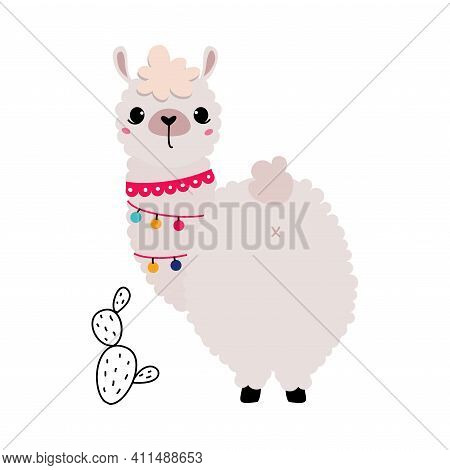 Pretty Wolly Llama Or Alpaca Wearing Garland Standing Vector Illustration