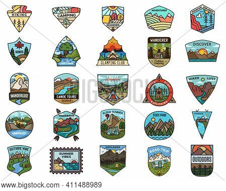 Camping Adventure Logos Set. Vintage Travel Emblems. Hand Drawn Badges Stickers Designs Bundle. Wand