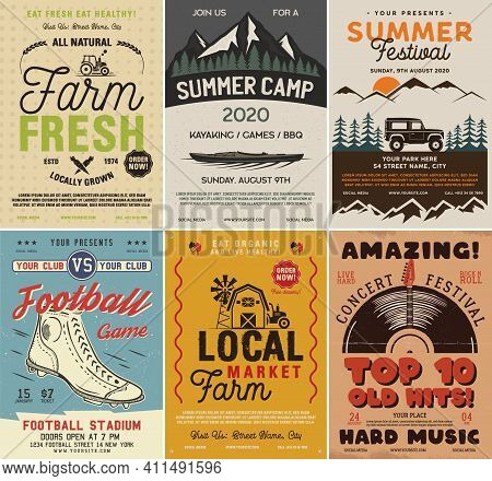 Outdoor Camping And Rock Music Flyers Set, A4 Format. Adventure Posters Graphic Design With Mountain