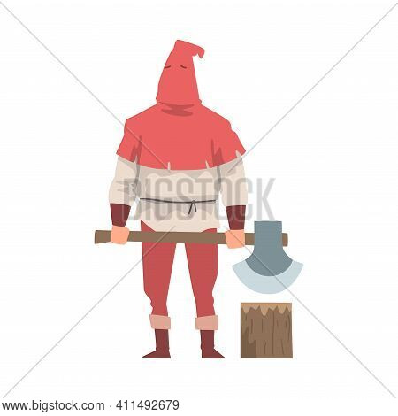 Medieval Executor Or Headman Wearing Red Hat And Carrying Sharp Axe Vector Illustration