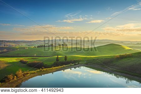 Lake And Rolling Hills. Via Francigena Landscape. Castelfiorentino, Firenze, Tuscany, Italy