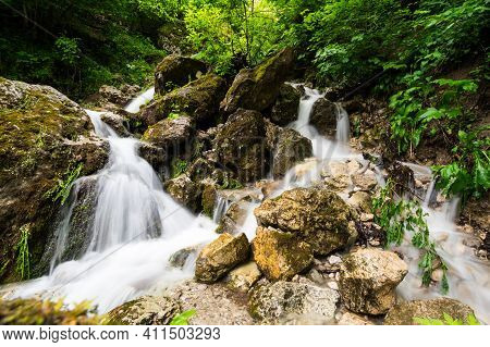 Waterfall In Cherek Gorge In The Caucasus Mountains In Kabardino-balkaria, Russia