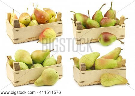 Fresh Forelle, Qtee, Migo and Abate pears in a wooden crate on a white background