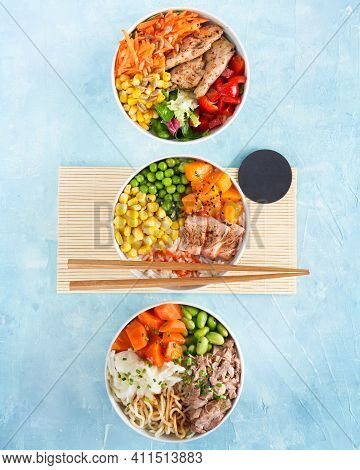 Three Poke Bowls Flamed Salmon, Pulled Pork, Vegan Protein Alternative Heura, Variety Vegetables, Ri