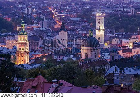 Night View Of Weastern European City Lviv, Architecture Background