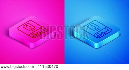 Isometric Line Financial Book Icon Isolated On Pink And Blue Background. Square Button. Vector