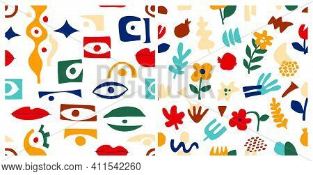 Eye Abstract Pattern Set, Geometric Shapes In Contemporary Style. Vector Greek Seamless Pattern With