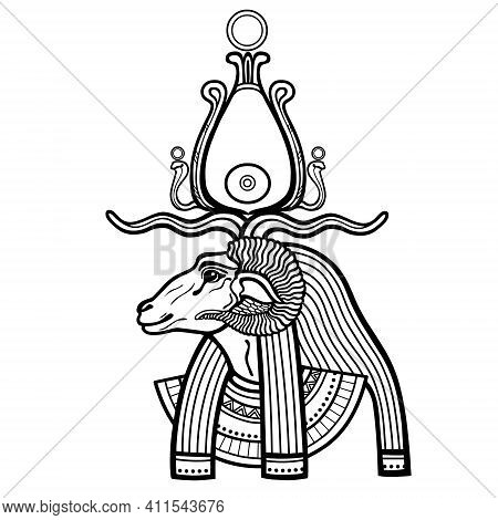 Animation Portrait Ancient Egyptian God Khnum. Deity Of Nile Source, God With Ram. Profile View.  Ve