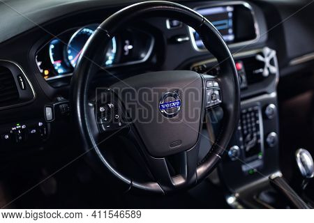 Volvo Logo On The Steering Wheel. Volvo V40 Dashboard Interior.