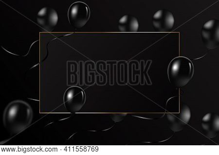 Flying Balloons, Black Frame With Luxury Golden Line On Black Background. Black Friday Promotion, Gr