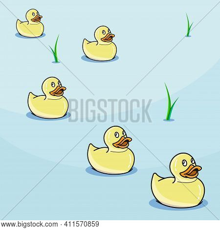 Five Cute Light Yellow Rubber Ducks In Pond On Blue Background, Vector Illustration