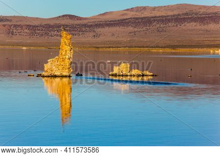 Picturesque Mono lake. Birds on the lake. Sunset. The columns-remains of 